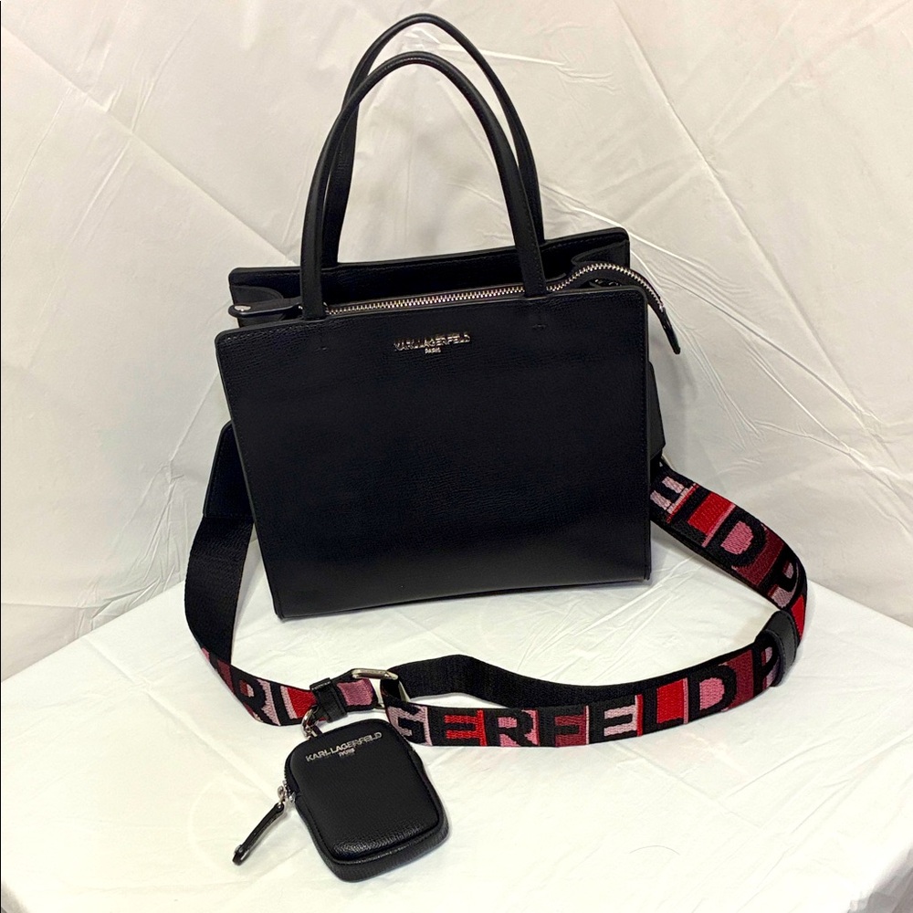Karl Lagerfeld Black Satchel with Branded Red & Pink Strap